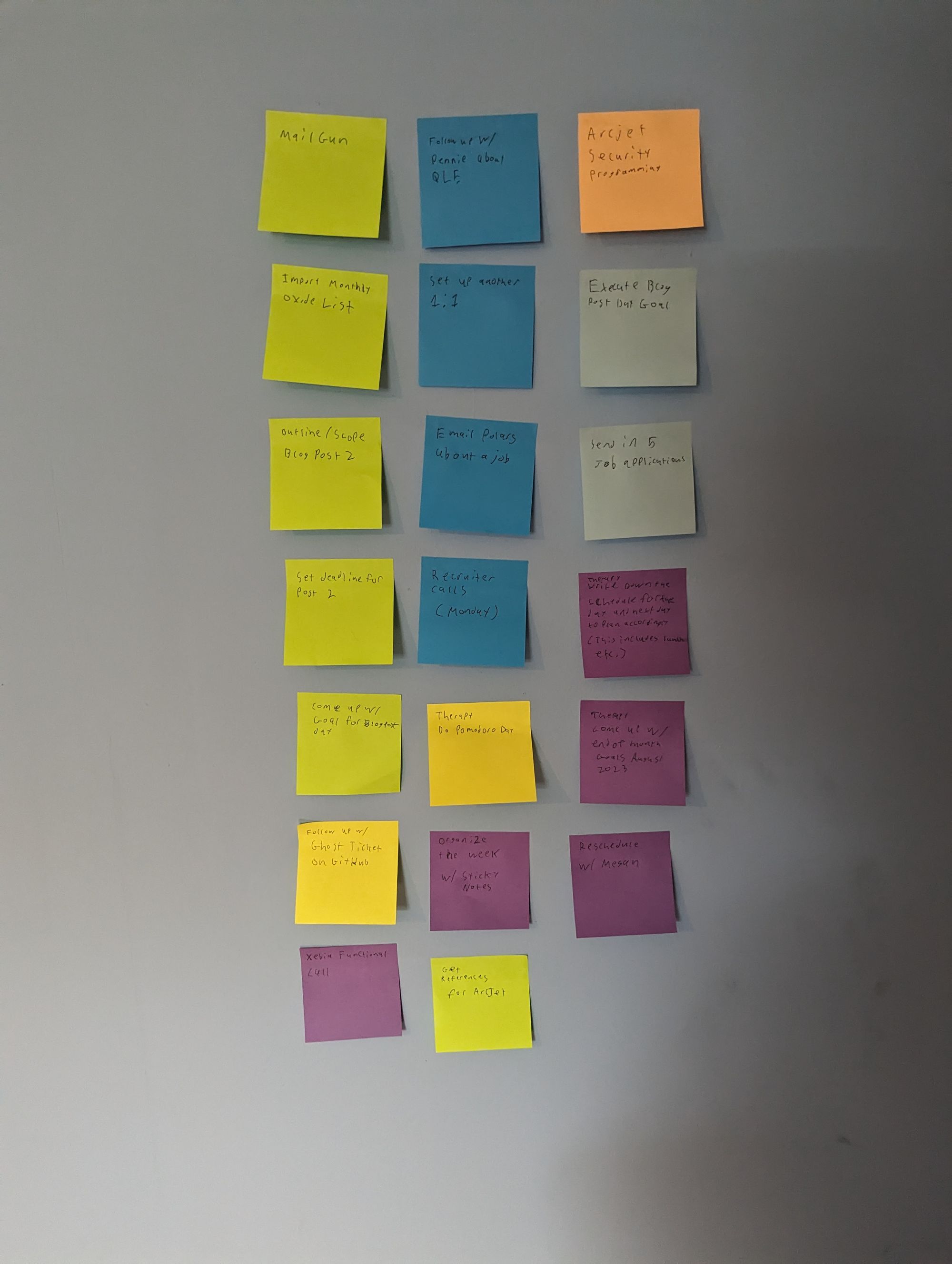 A variety of post it's on the wall that are all completed tasks